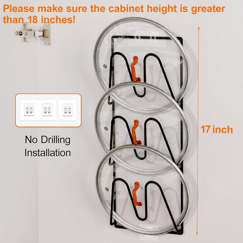 Durmmur 2 Pack Pot Lid Organizer Rack, 6-Tier Pot Lids Holder for Cabinet Door/Wall, No Drilling Adhesive Wall/Door Mounted Rustproof Pot and Pan Cover for Kitchen Storage, Classic Black - Image 4